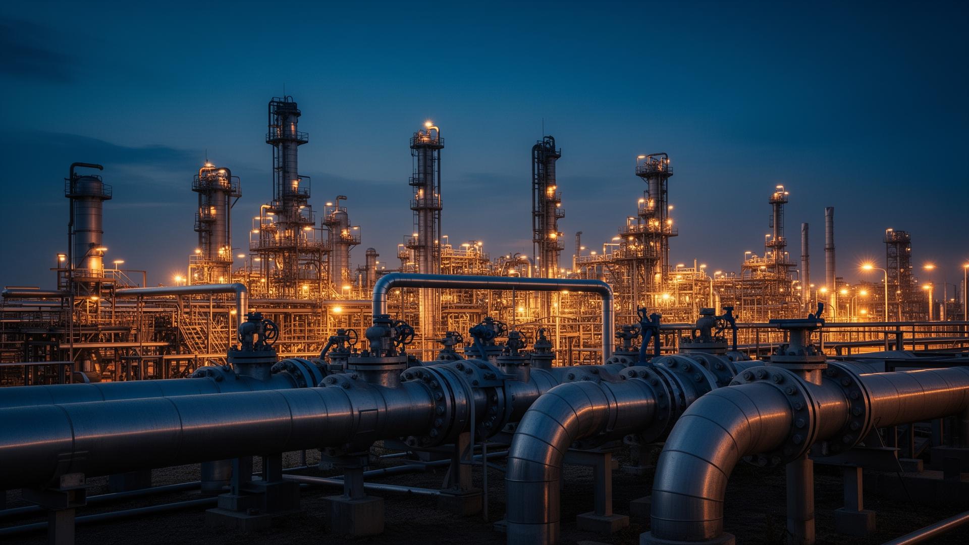 Industrial refinery at dusk with pipes and valves